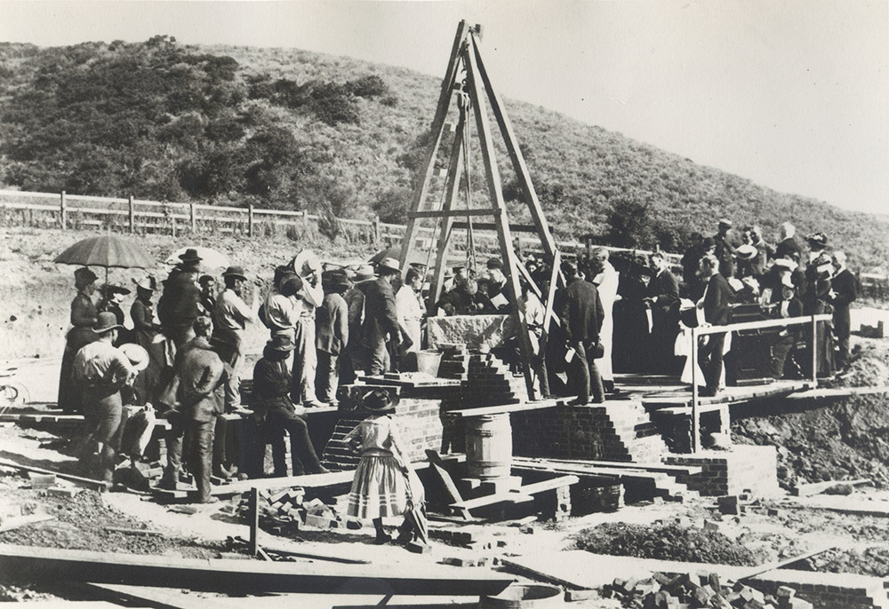 Historic cornerstone of Church of the Angels in Pasadena